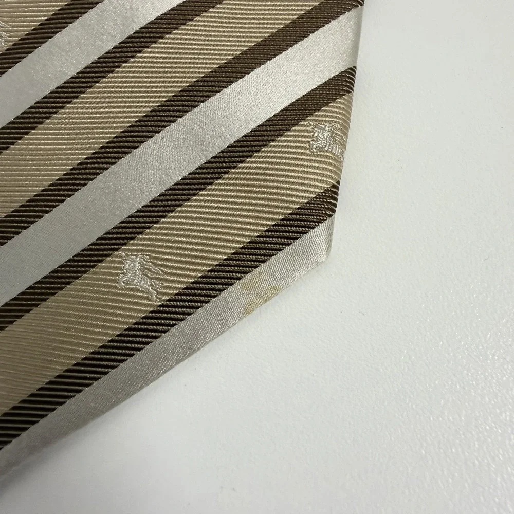 Burberry London Men's Tie Striped Equestrian Knight Logo Khaki Silk 3.5
